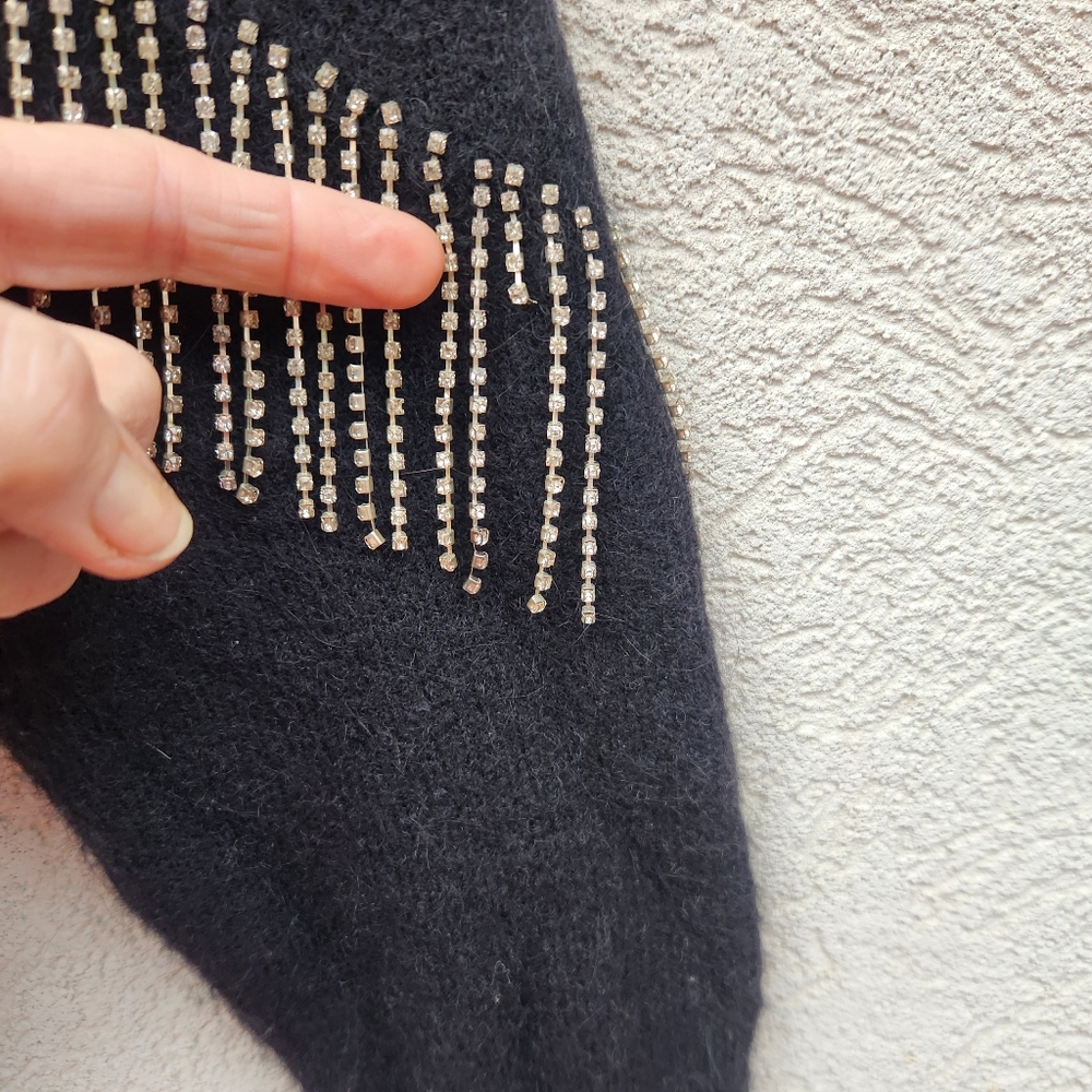 & OTHER STORIES Women’s Rhinestone Fringe Crop Sweater Small Black Wool Alpaca - Picture 5 of 10